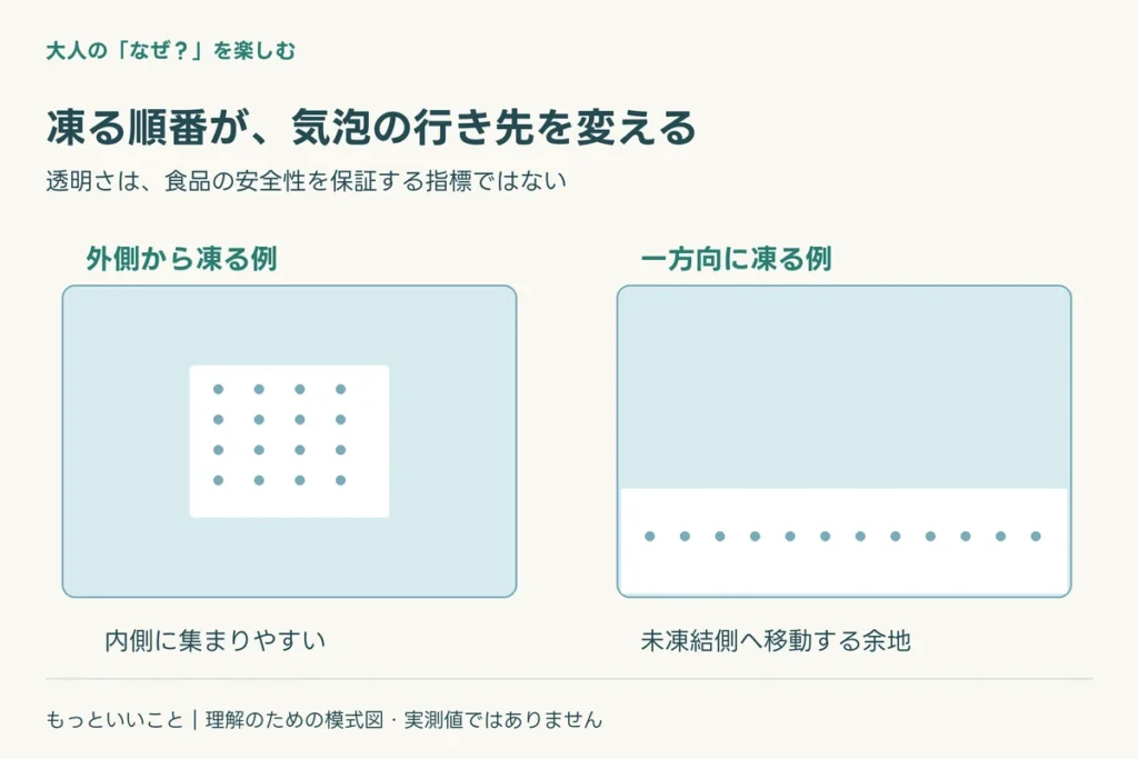 製氷皿では、最後に残る場所があるに関わる仕組みを整理した図