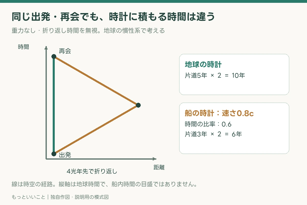 宇宙旅行から帰ると、なぜ若くなる?双子のパラドックスを時計で考えるを説明する独自図解。詳細は本文に記載。
