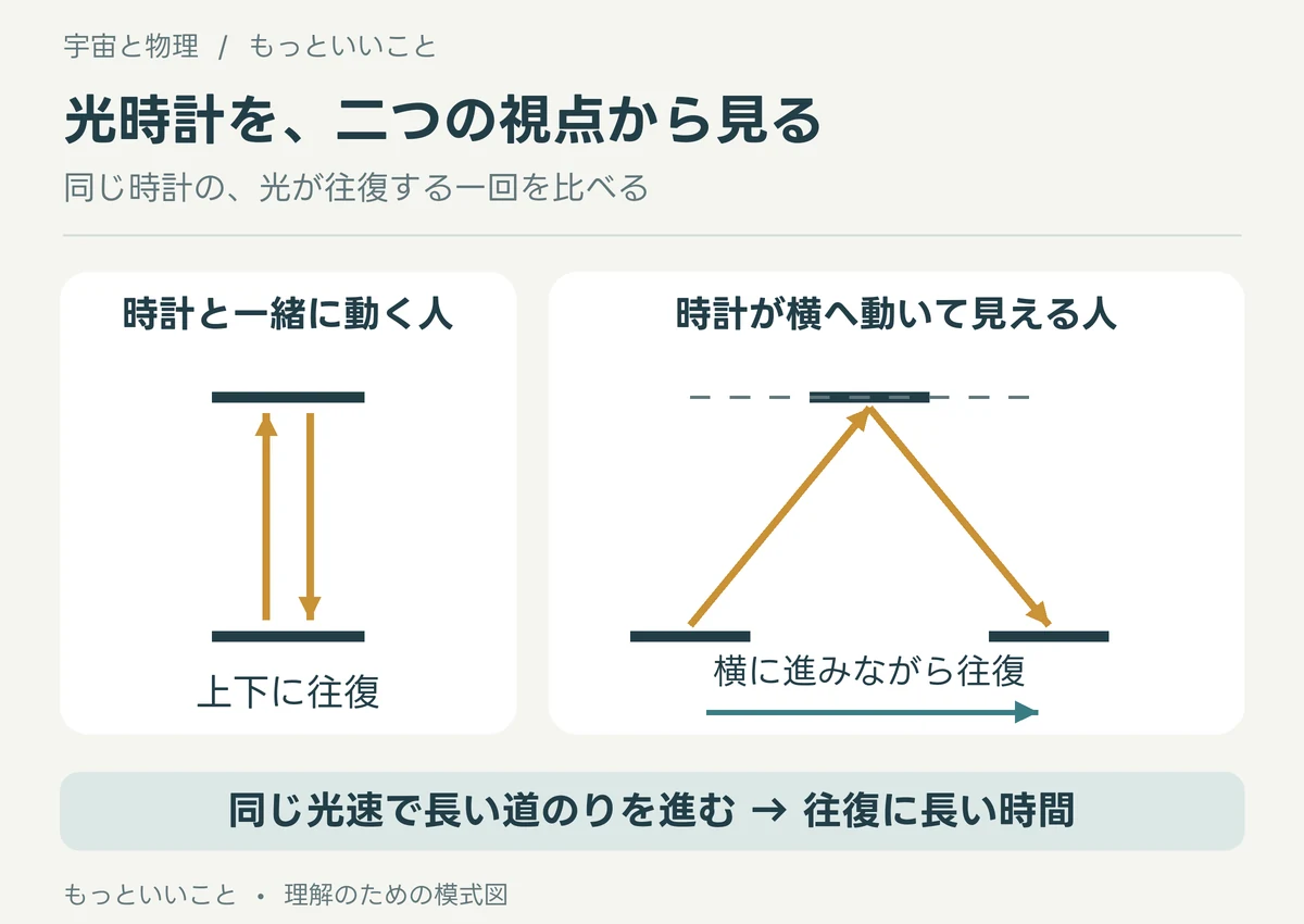 静止して見える光時計では光が上下に往復し、横に動いて見える光時計では斜めに長い道のりを往復する図。