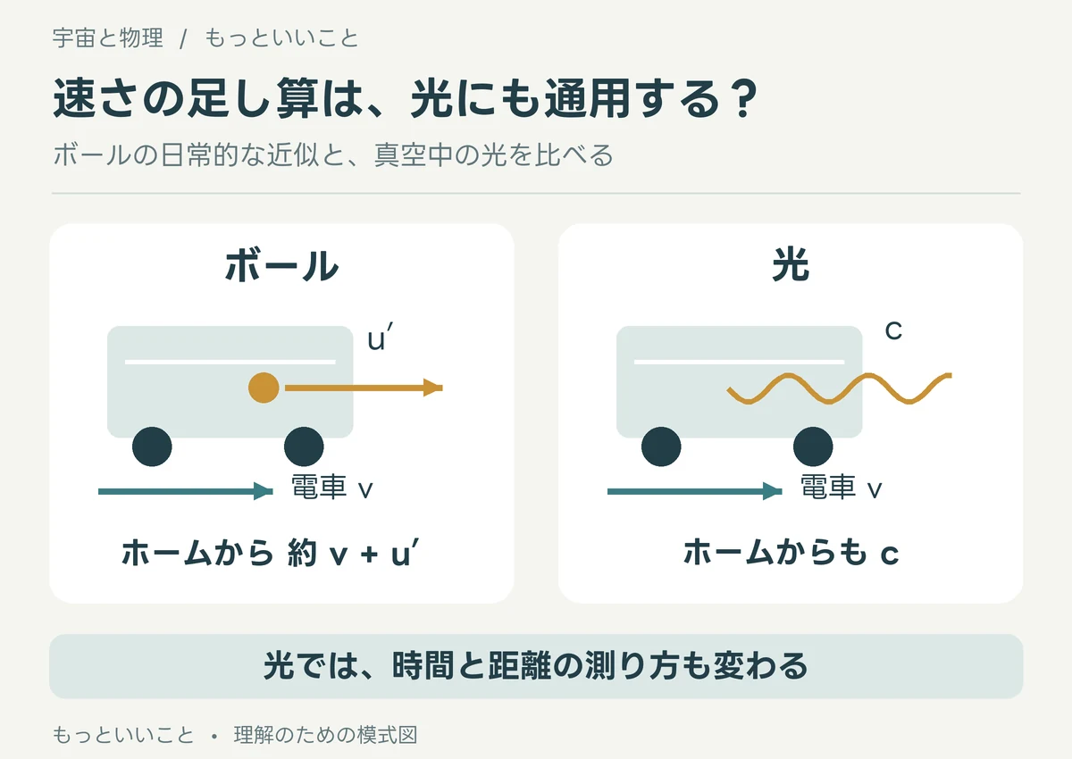 ボールは日常の速さでは電車の速さがほぼ足されるが、真空中の光速はホームから測ってもcになる比較図。