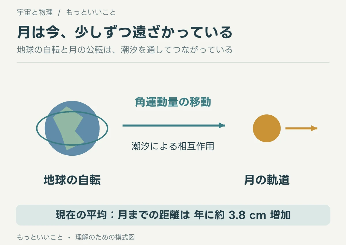 潮汐の相互作用により地球の自転から月の公転へ角運動量が移り、月の軌道が広がる模式図。