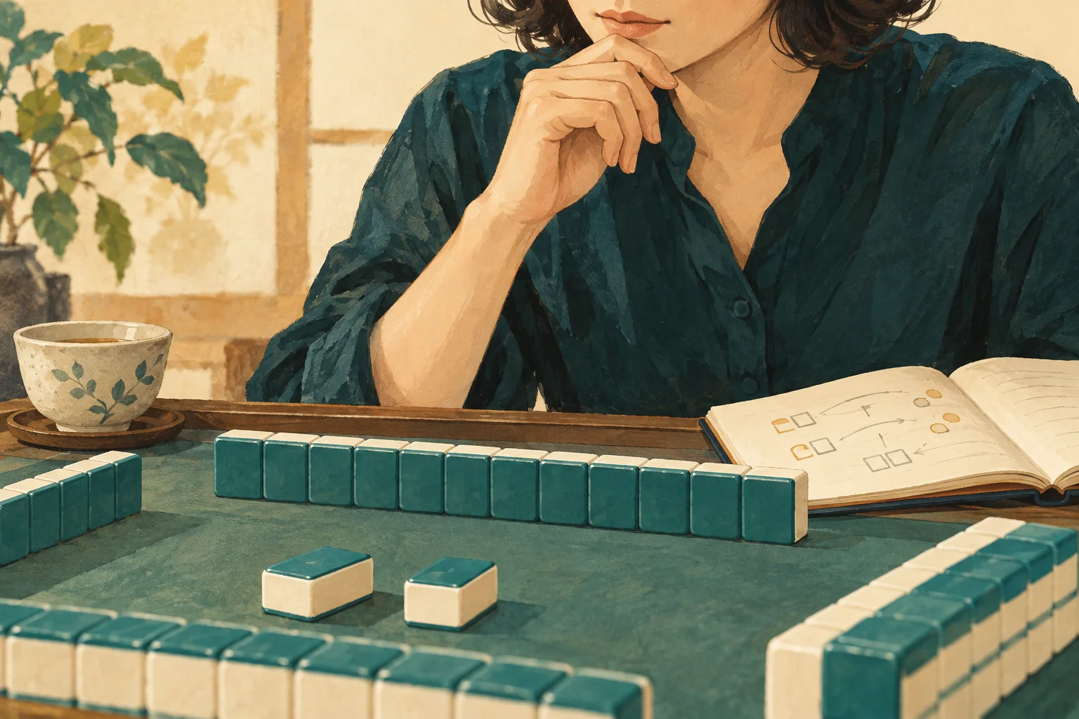 卓を見ながら次の一手を考える大人のイメージイラスト