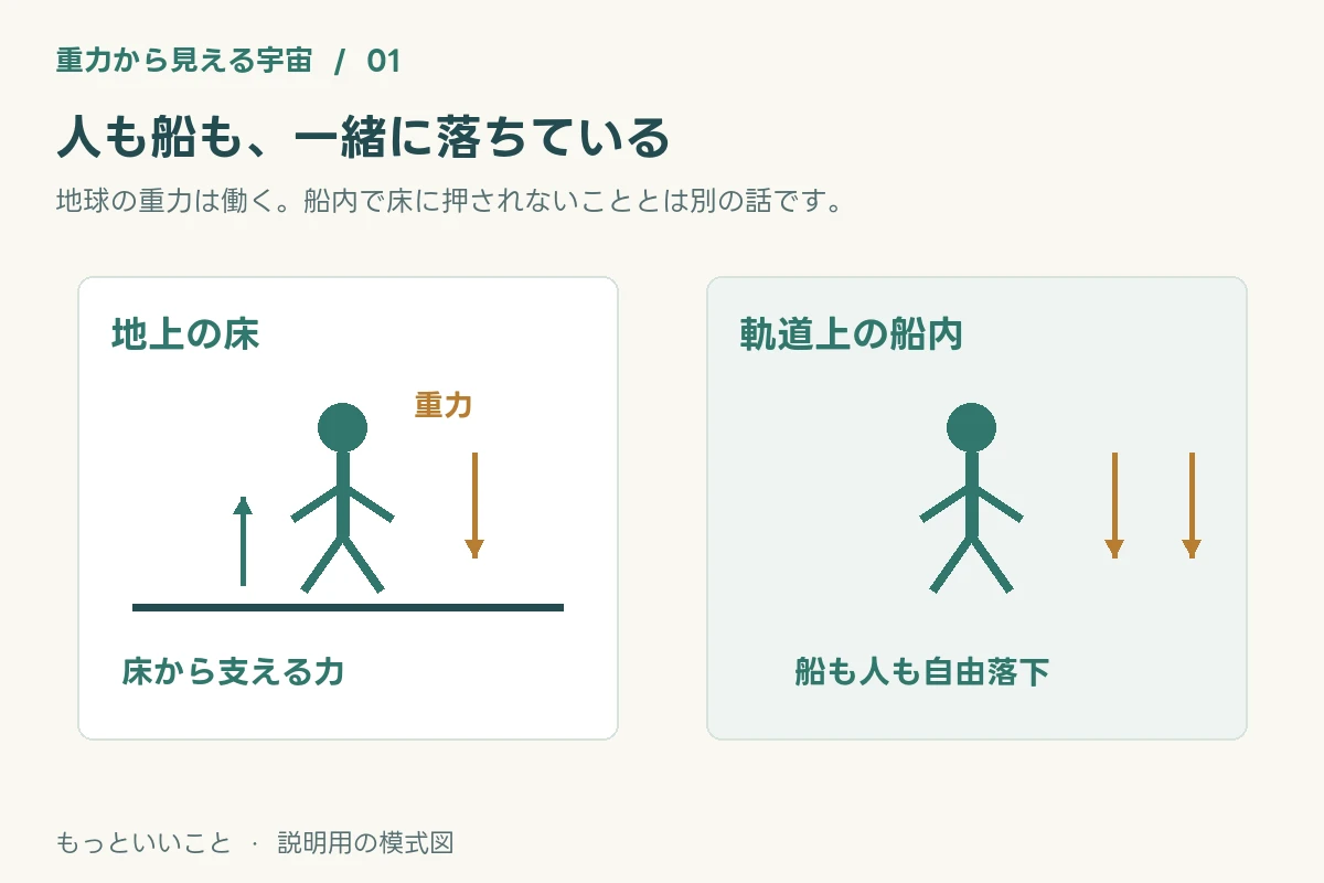 地上では床が体を支える。軌道上では船も人も自由落下し、船内で浮いて見える。