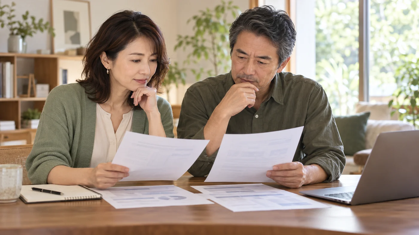 自宅で資料を確認し、証券会社の条件を比較するイメージ