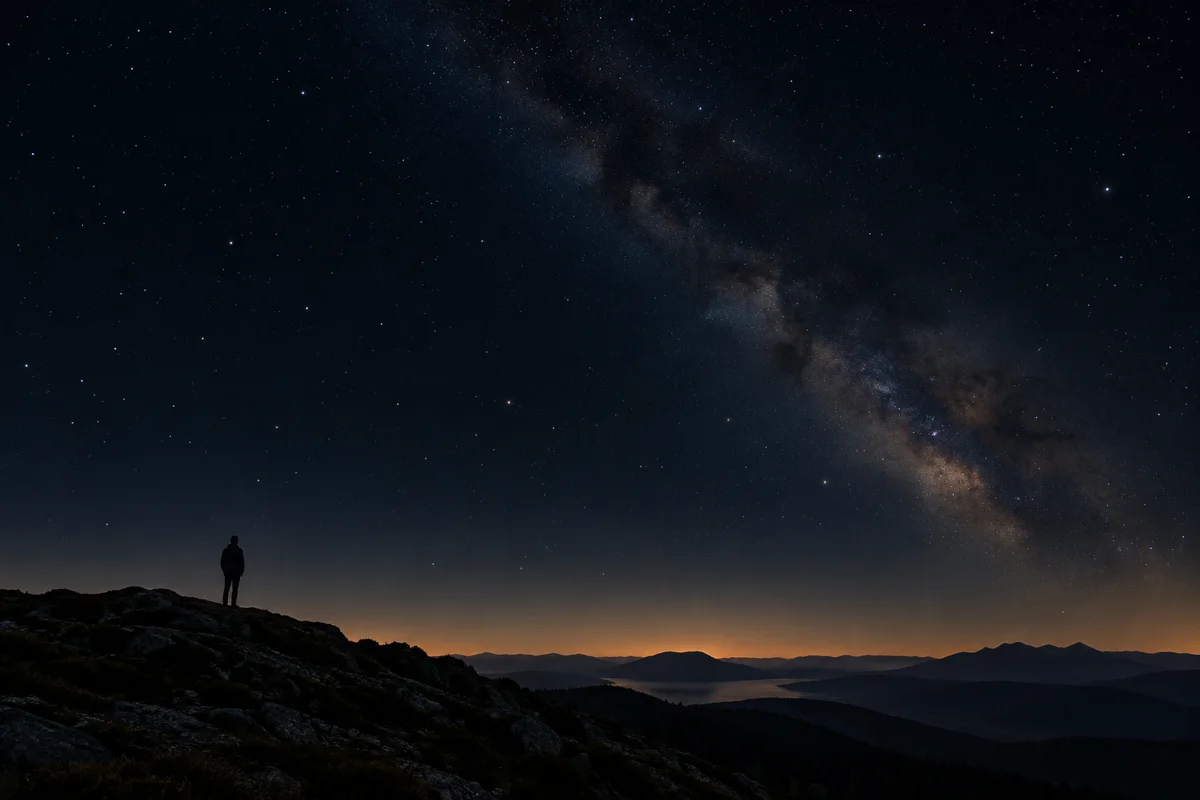 星空を見上げる人物のAI生成イメージ。特定の場所や観測結果を再現したものではありません。