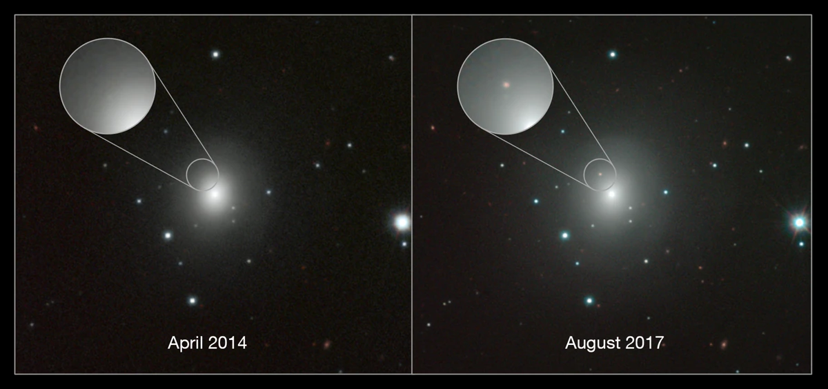 NGC 4993と中性子星合体によるキロノバの観測画像を並べた合成図。