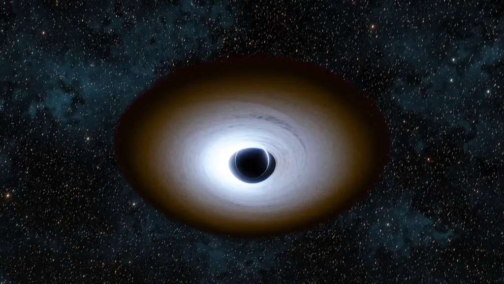 星空を背景に、明るい降着円盤と中心の暗い影を表したブラックホールの科学可視化画像。