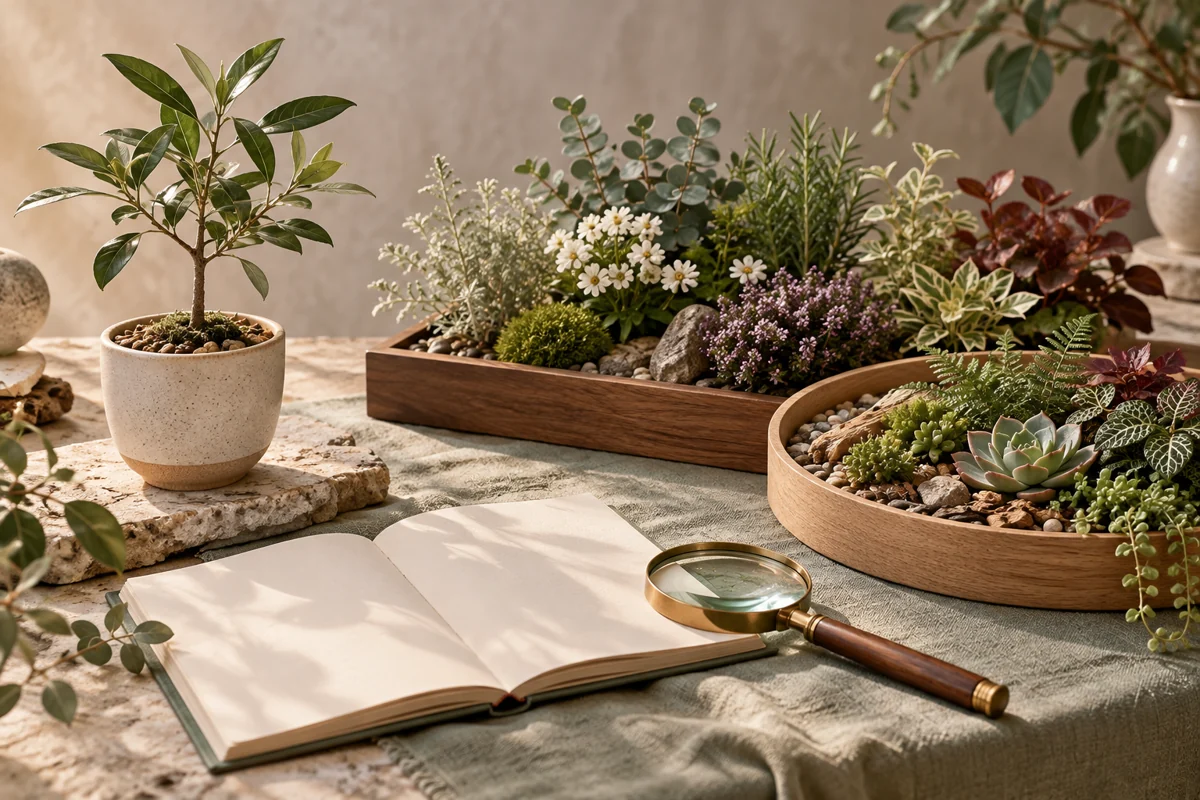 一つの鉢と種類の異なる寄せ植え、虫眼鏡。投資対象と商品の器を比べるイメージ